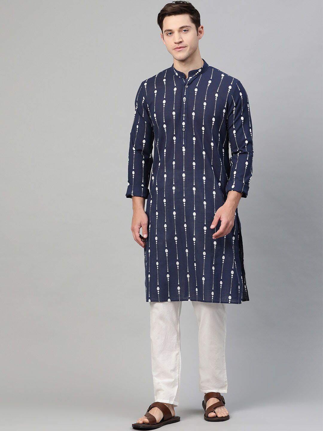 See Designs Men Navy Blue & White Printed Kurta with Pyjamas