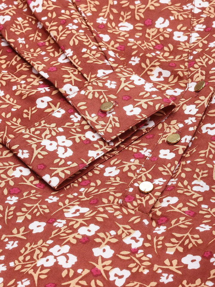 all about you Rust Floral Printed Roll-Up Sleeves Top