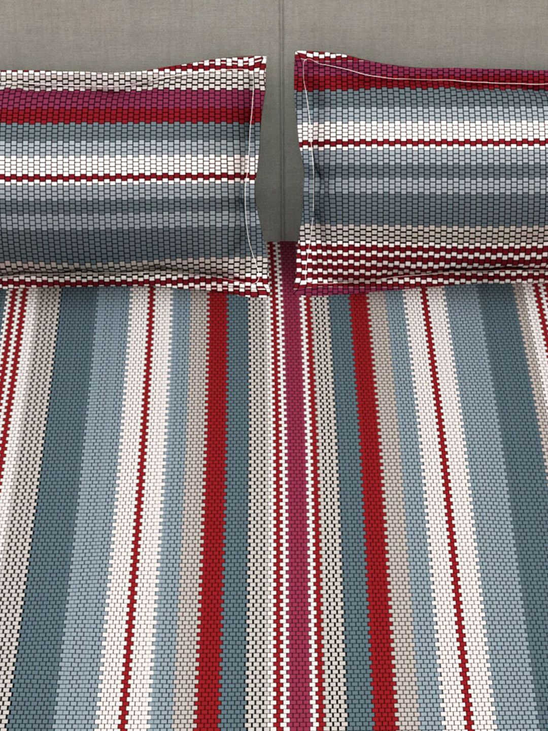 Story@home Grey & Red Striped 180 TC Flat Queen Bedsheet with 2 Pillow Covers