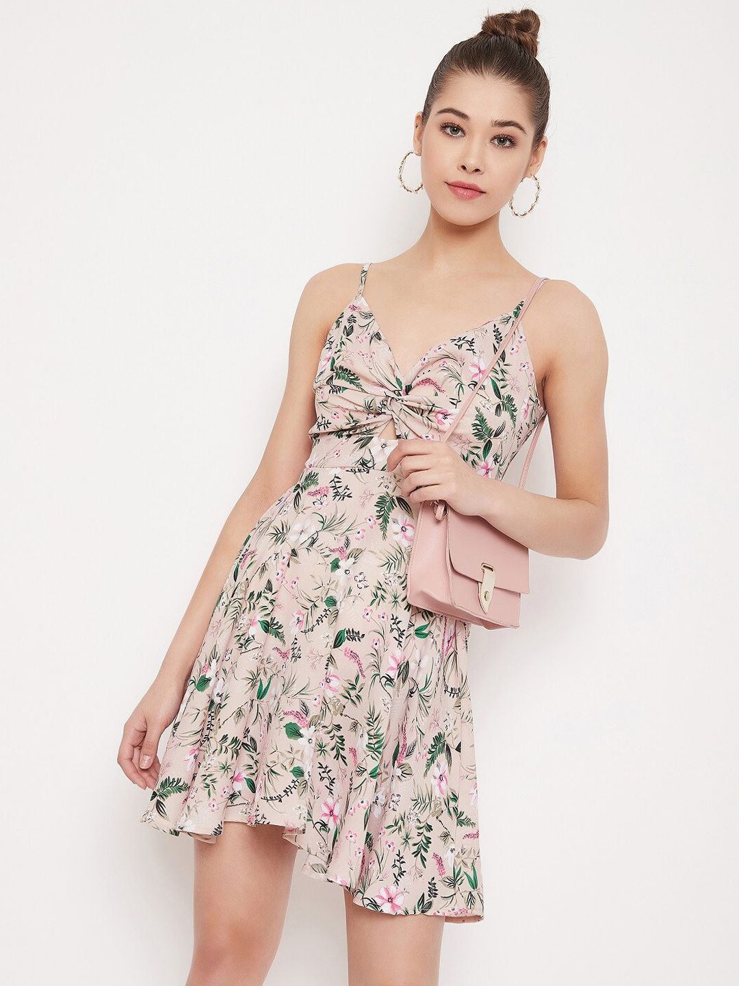 Berrylush Women Beige Printed Fit and Flare Dress