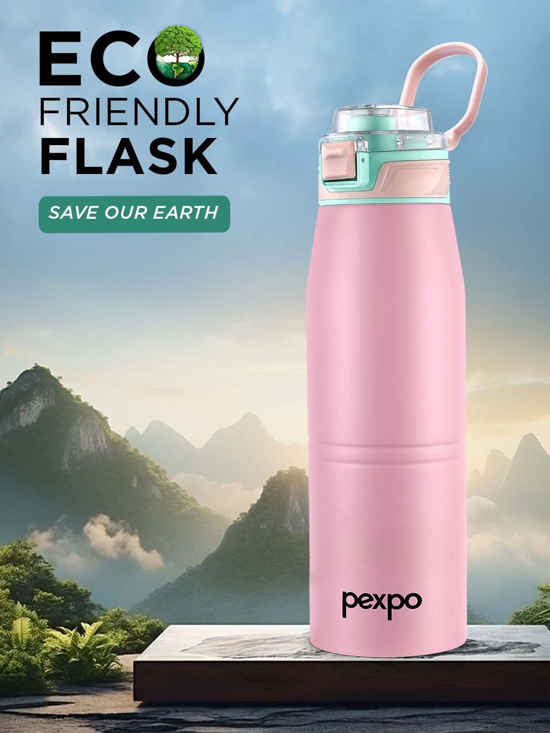 Pexpo Pink & Green Try Ply Stainless Steel Double Wall Vacuum Water Bottle 940ml