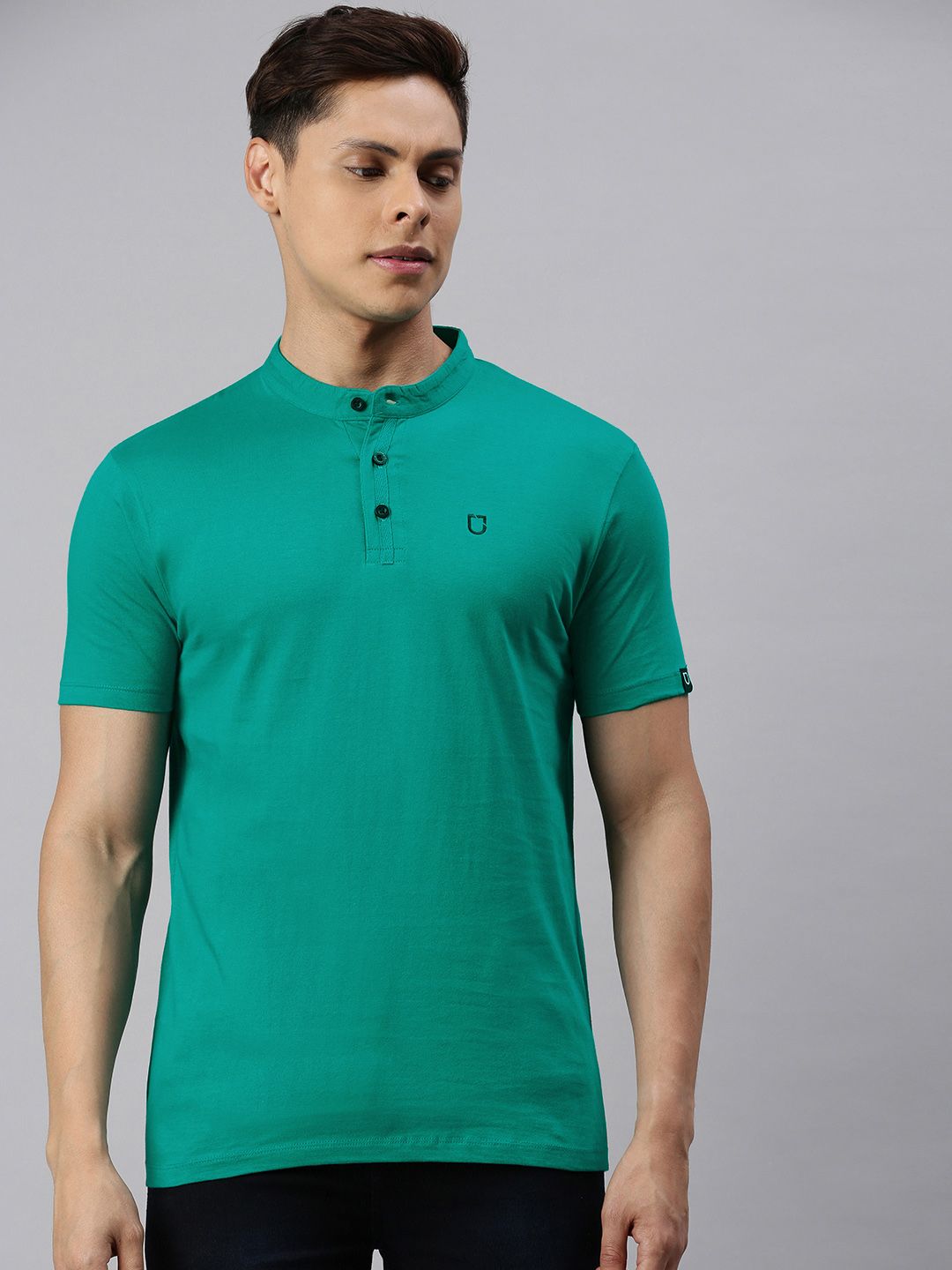 Lelaki Fesyen Urbano Teal Green Slim Fit Mandarin Mandarin Collar T-Shirt Kapas Tulen