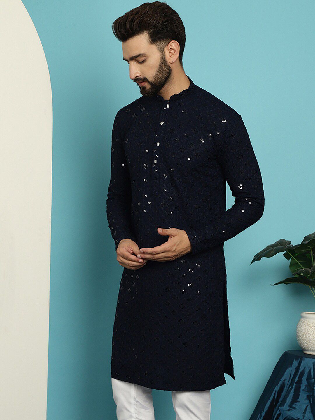 SOJANYA Ethnic Embroidered Sequined Pure Cotton Straight Kurta