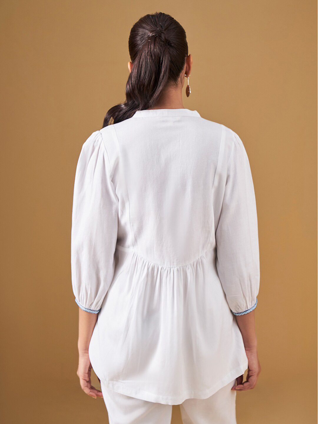 Global Desi Geometric Embroidered Mandarin Collar A-Line Top