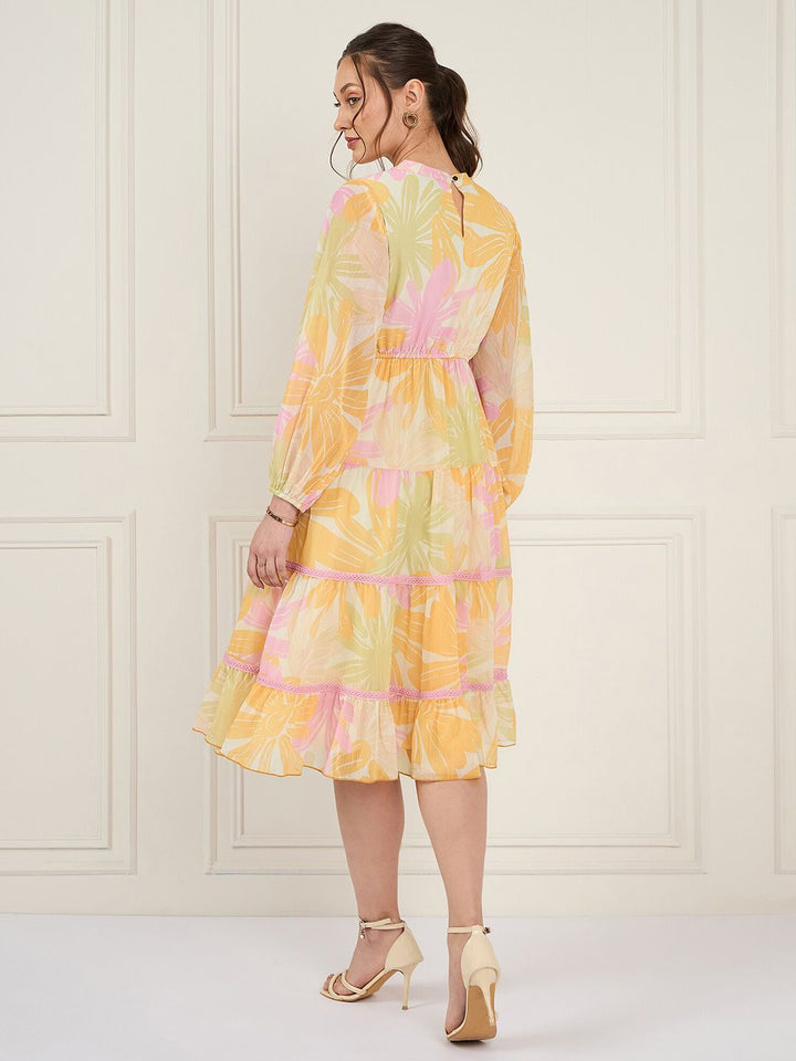 Antheaa Floral Printed Pleated Puff Sleeves Tiered Chiffon Fit & Flare Midi Dress