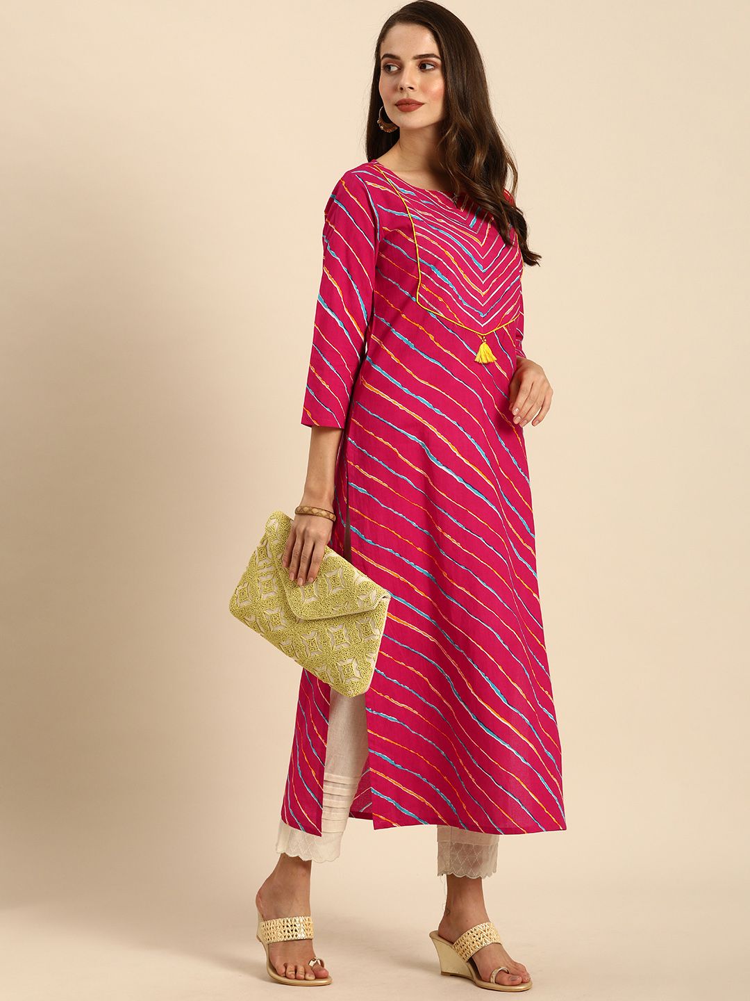 Varanga Women Fuchsia Pink & Yellow Leheriya Printed Kurta
