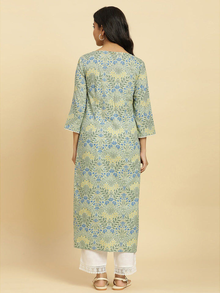 W Green Floral Printed Keyhole Neck Gotta Patti Cotton A-Line Kurta