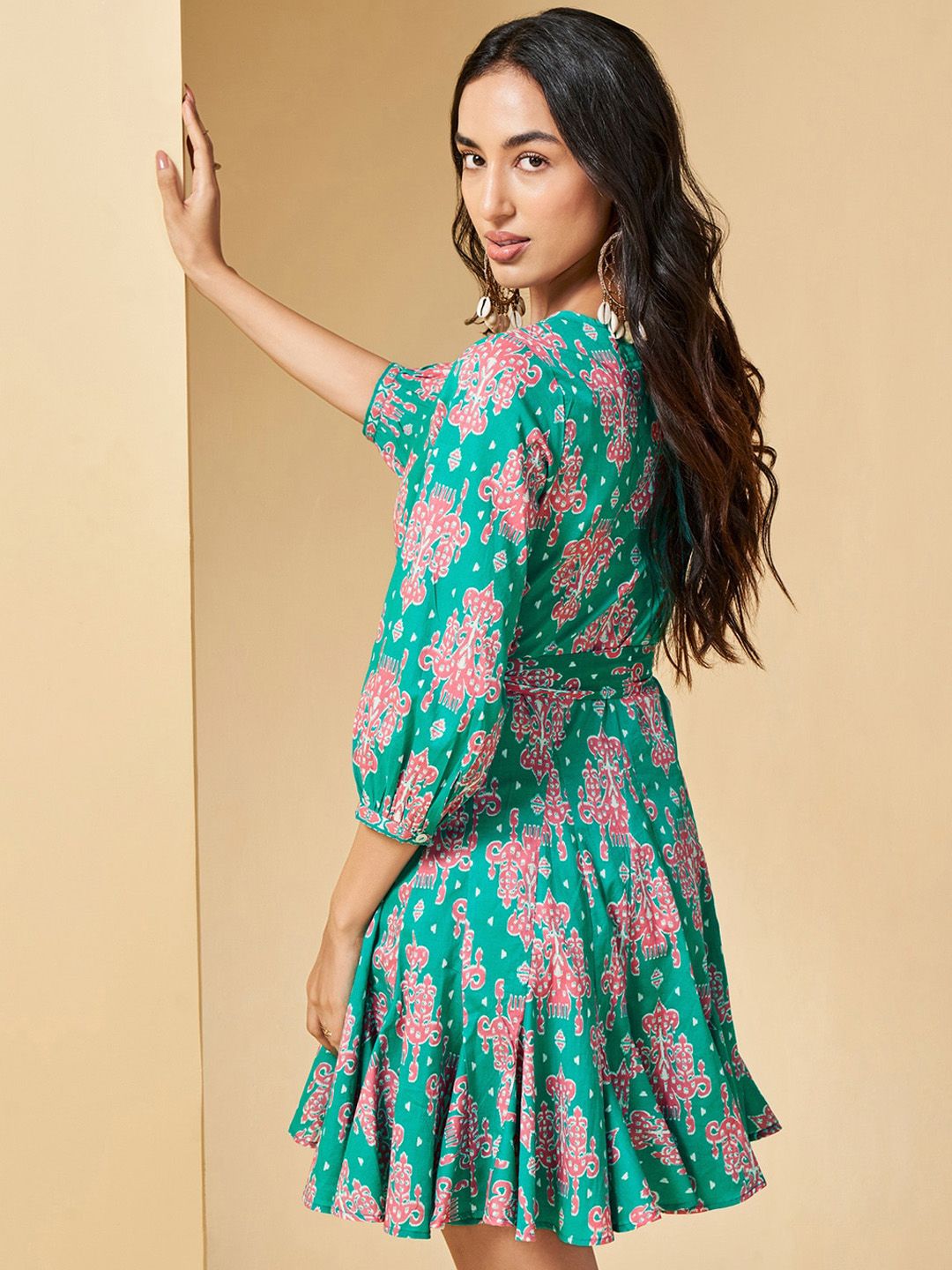 Global Desi Ethnic Motifs Printed Cuffed Sleeves Gathered Cotton Fit & Flare Ethnic Dress