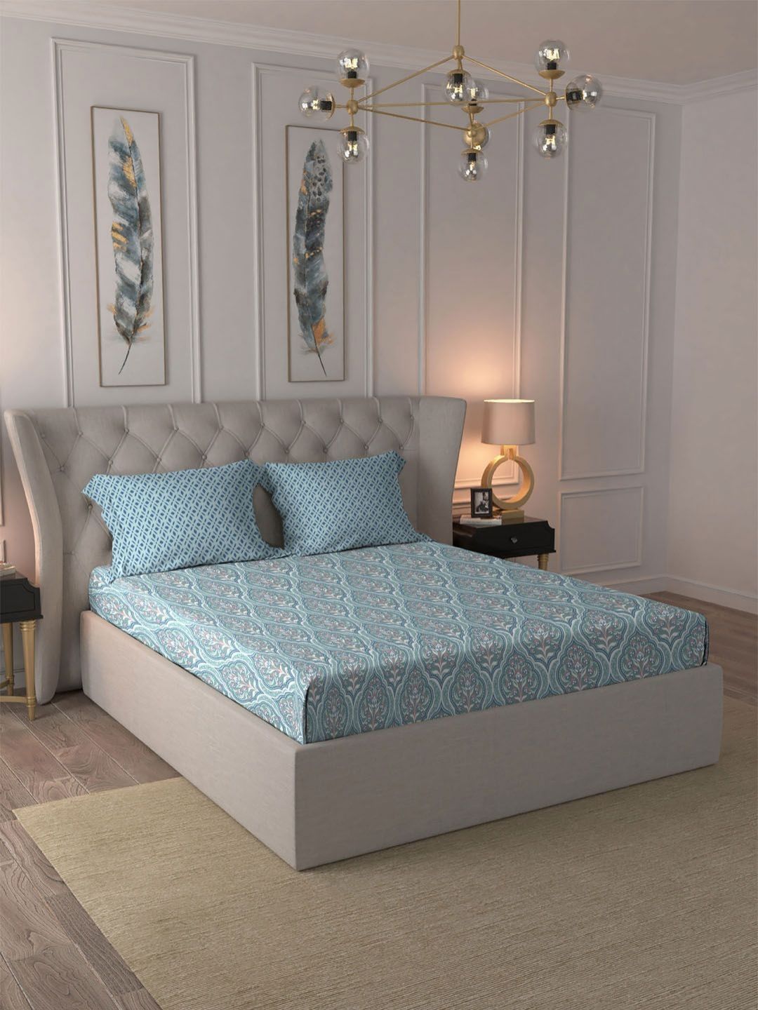 MYTRIDENT Anna Sea Green Dusk & Dawn Flat 144TC Queen Cotton Bedsheet Set