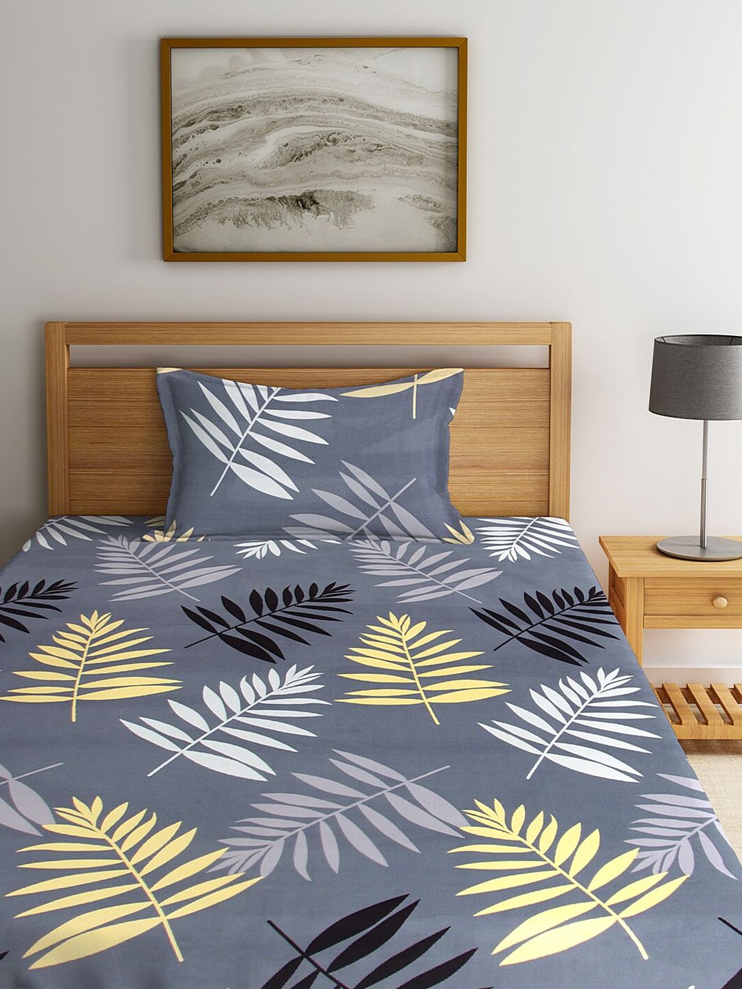 KLOTTHE Grey Floral 300 TC  Elasticated Single Bedsheet with Pillow Cover