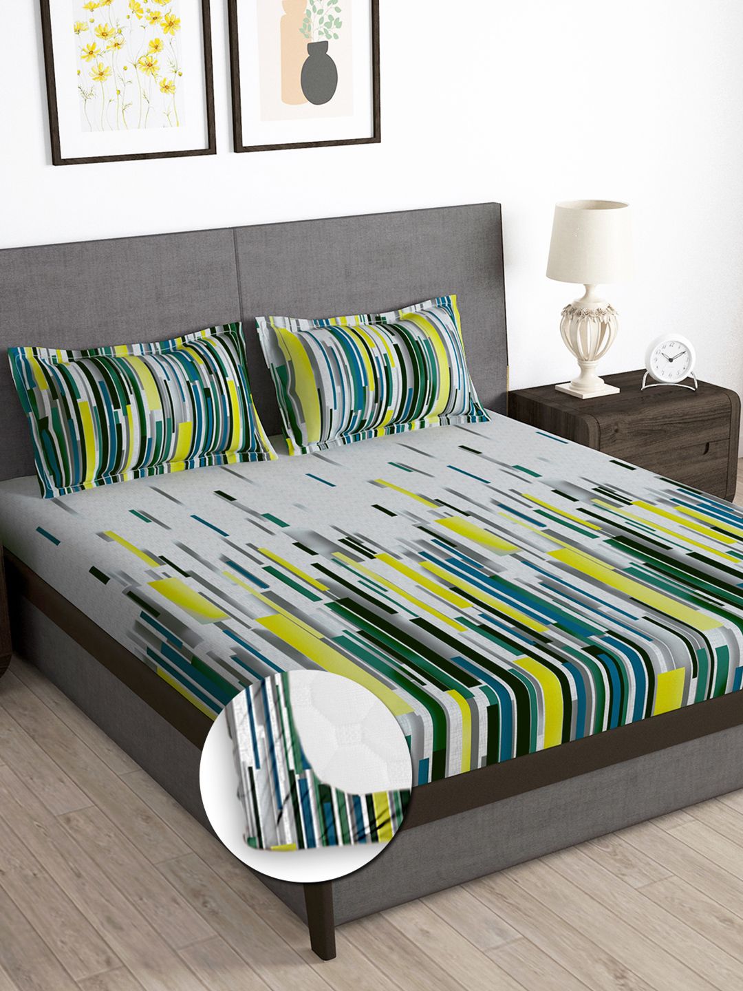 Story@home Grey & Green 180 TC Abstract Queen Fitted Bedsheet With 2 Pillow Covers