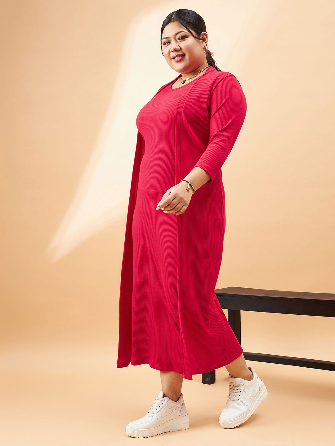 SASSAFRAS Curve Plus Size Red Ribbed Sleeveless Sheath Midi Dress With Shrug