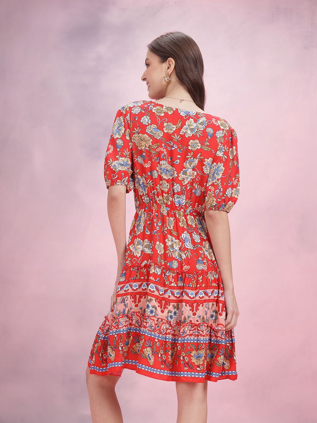 DressBerry Floral Print Puff Sleeve Fit & Flare Dress