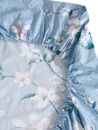 KLOTTHE Blue Floral Printed Fitted 400 TC Cotton King Bedsheet & 2 Pillow Covers