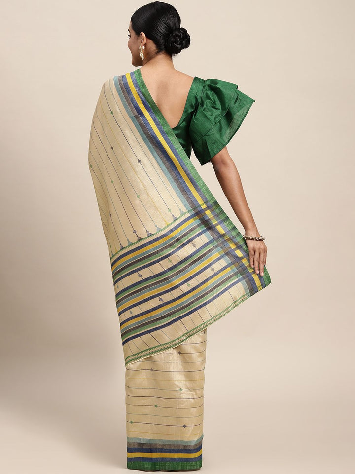 Saree mall Beige & Green Striped Art Silk Block Print Saree