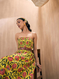 Pink Paprika by SASSAFRAS Yellow Floral Printed Smocked Fit & Flare Maxi Dress