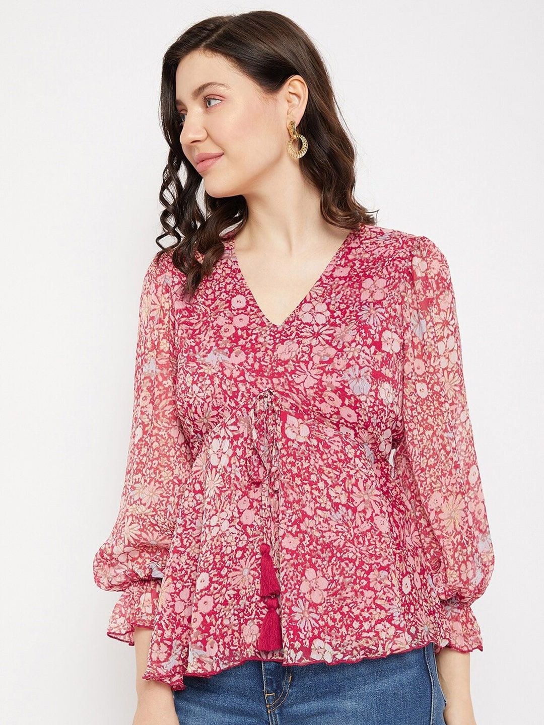 Antheaa Floral Printed Puff Sleeve Peplum Top