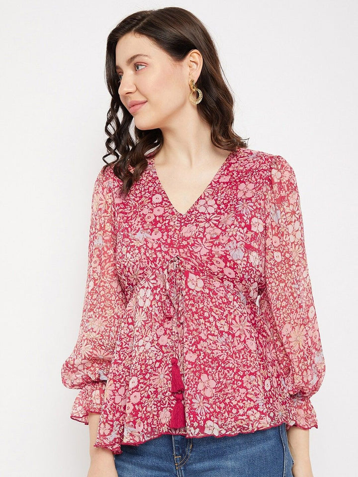 Antheaa Floral Printed Puff Sleeve Peplum Top