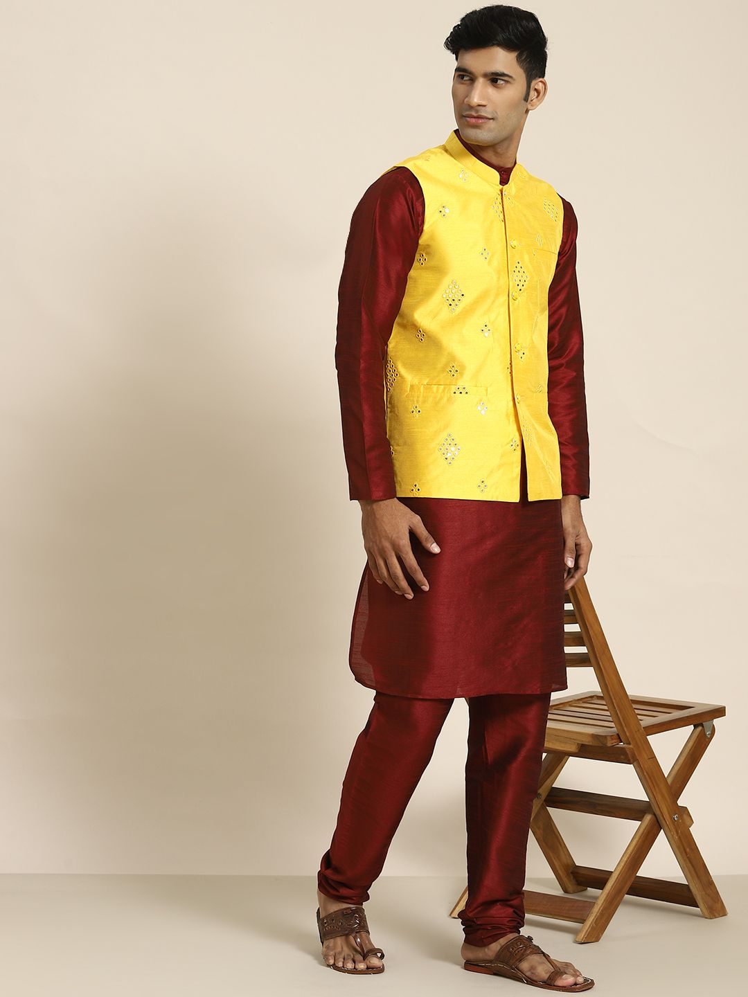 SOJANYA Men Maroon Mirror Work Kurta with Churidar