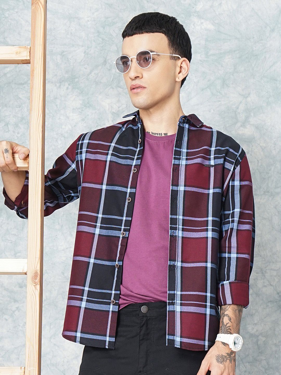 The Indian Garage Co Men Burgundy Checked Casual Shirt