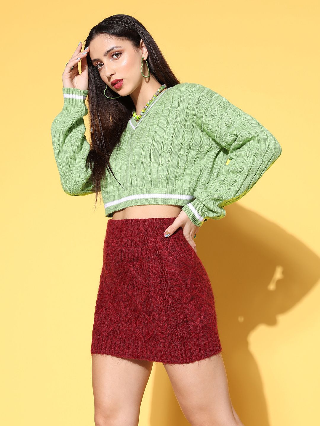 Berrylush Women Green Cable Knit Knits Bits Sweater