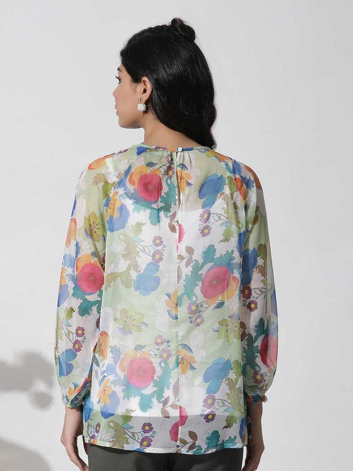 W Floral Printed Puffed Sleeves Pure Chiffon Top