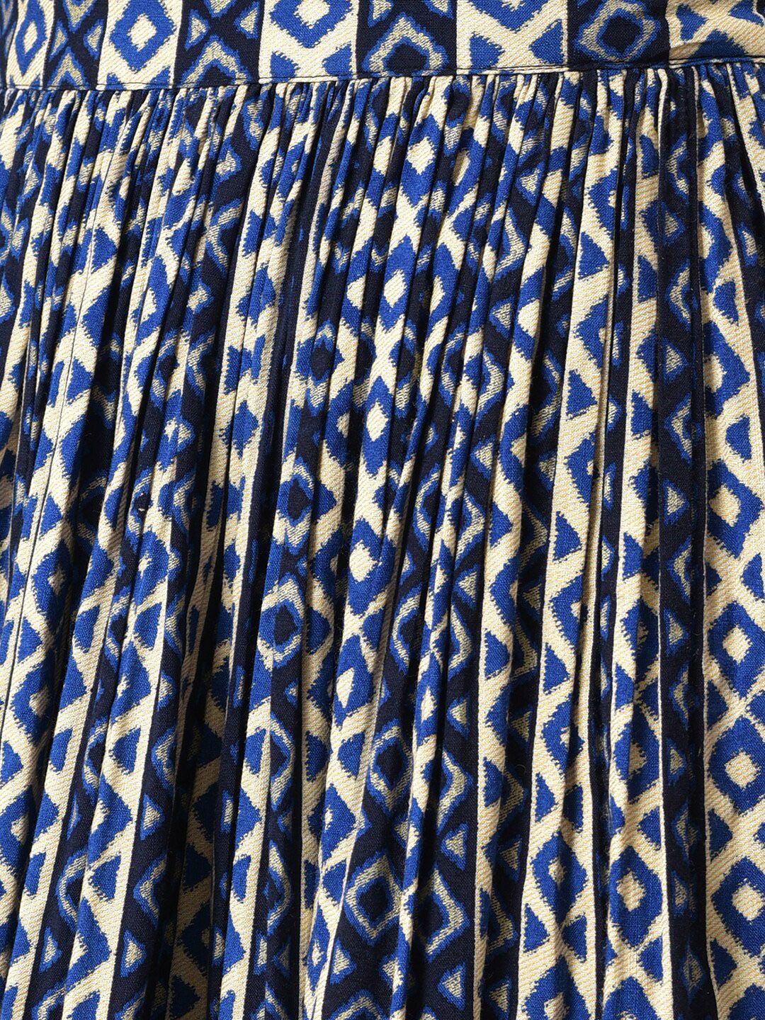 W Women Blue Solid Gathered Cape with Ikkat Printed Crop Top and Skirt Co-ord Set
