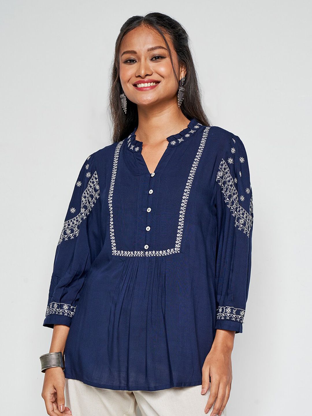 Global Desi Embroidered Mandarin Collar Long Cuffed Sleeves Top