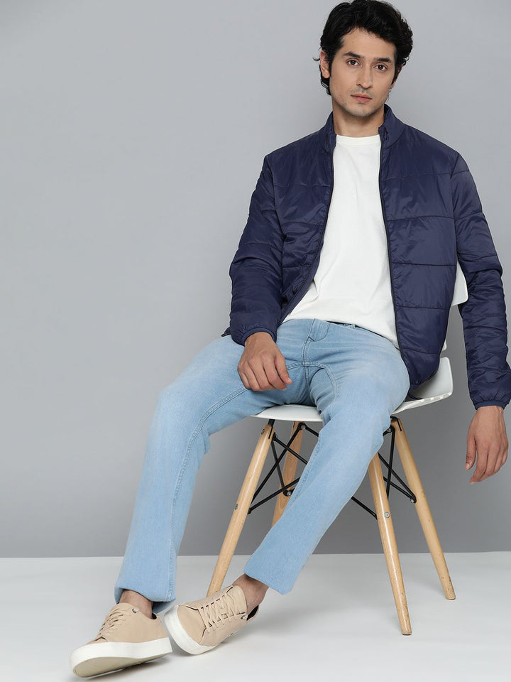 ether Men Navy Blue Solid Padded Jacket