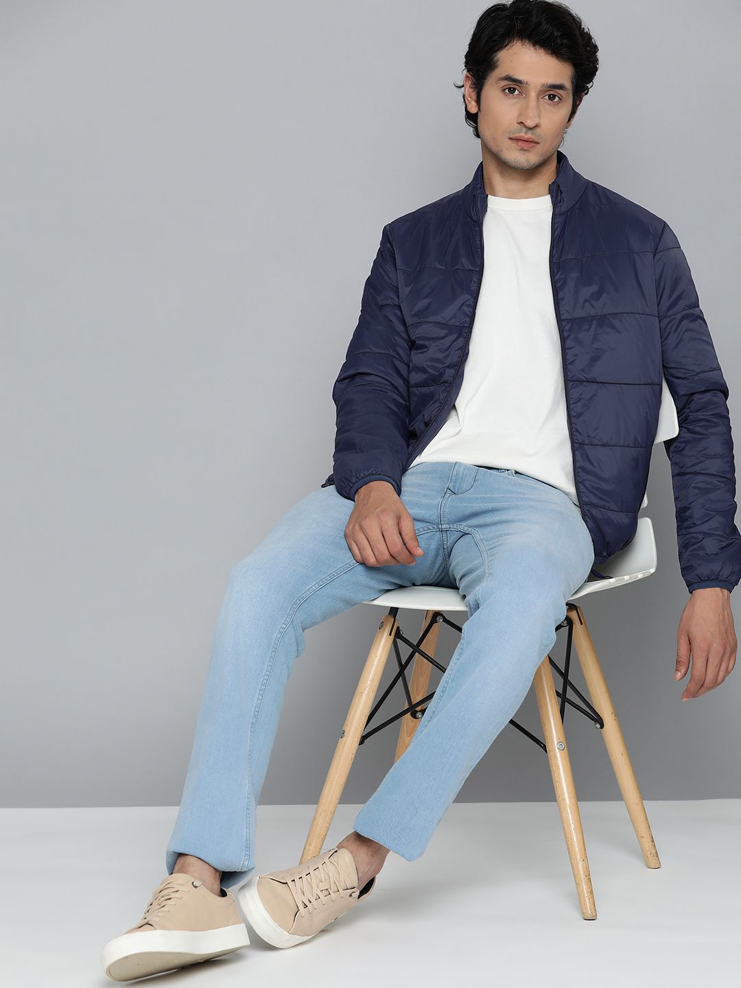 ether Men Navy Blue Solid Padded Jacket