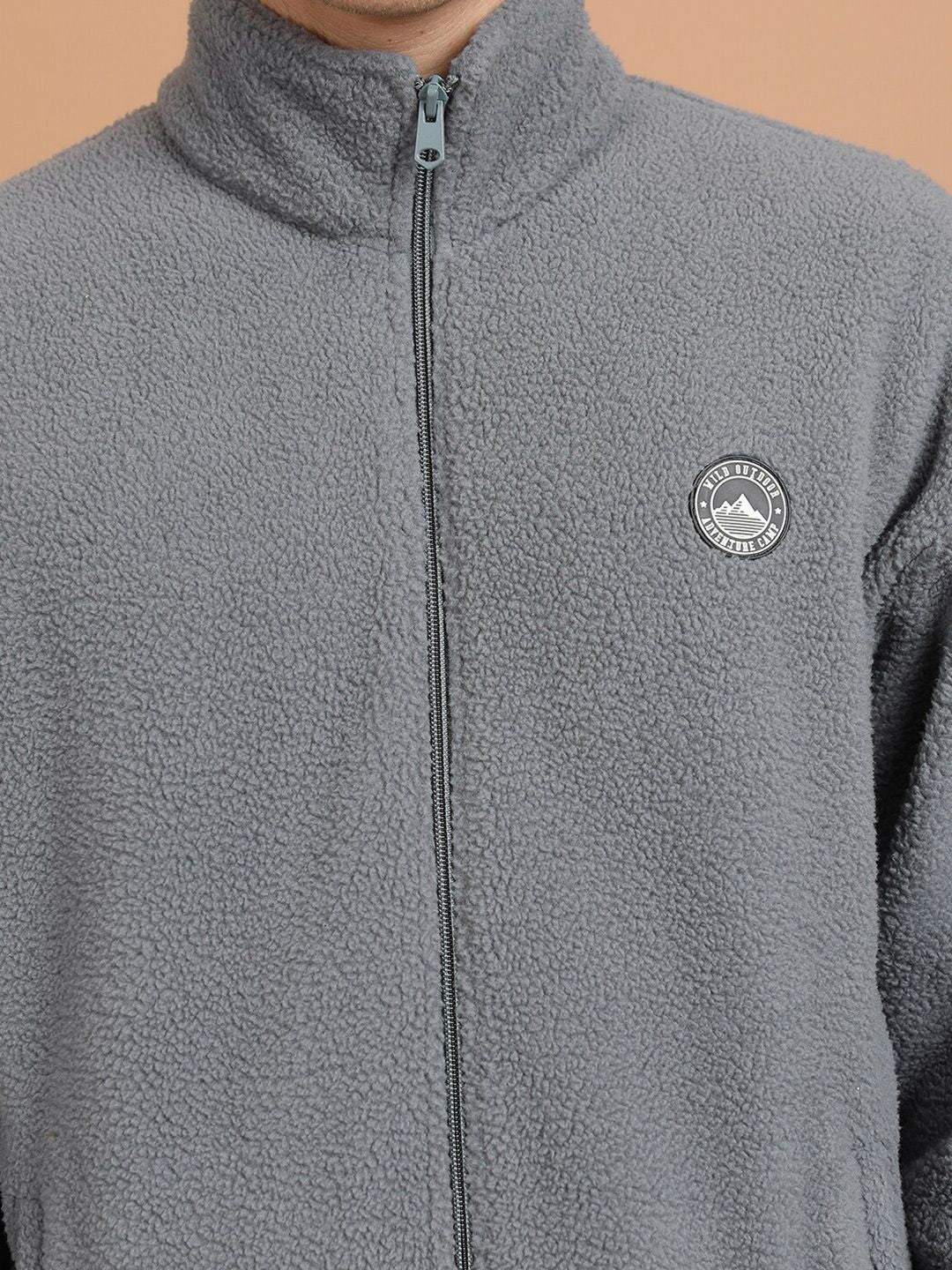 HIGHLANDER Grey Mock Collar Drop Shoulder Sleeves Oversized Front-Open Sweatshirt