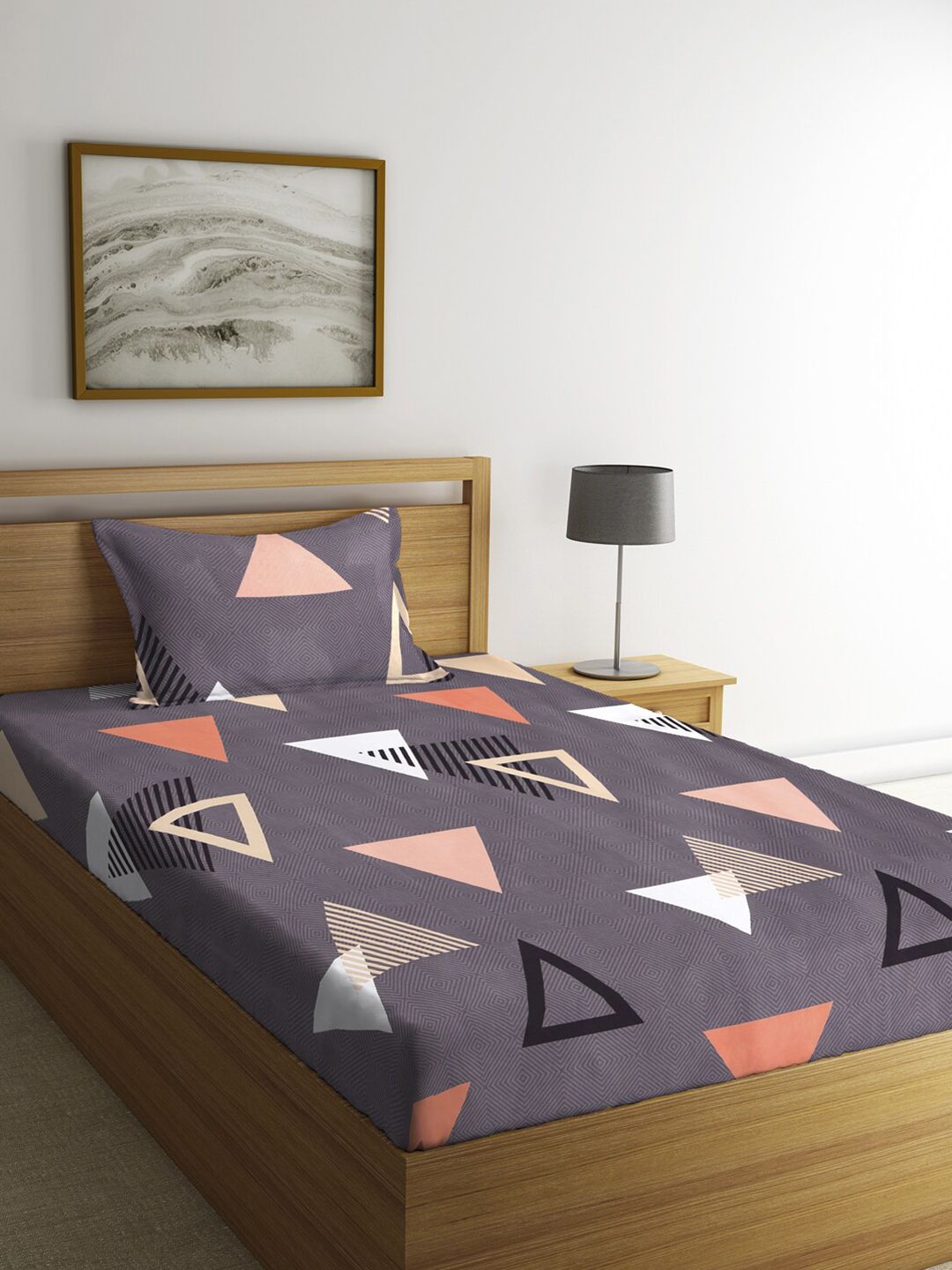KLOTTHE Unisex Grey Geometric Cotton Blend Single Bedsheet with Pillow Cover