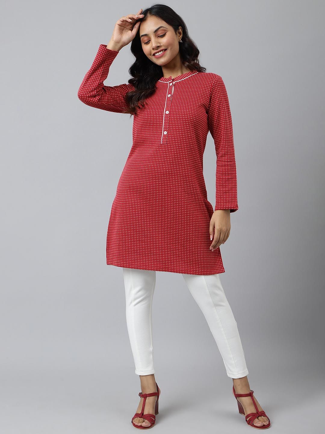 AURELIA Women Red & White Long Sleeves Kurta