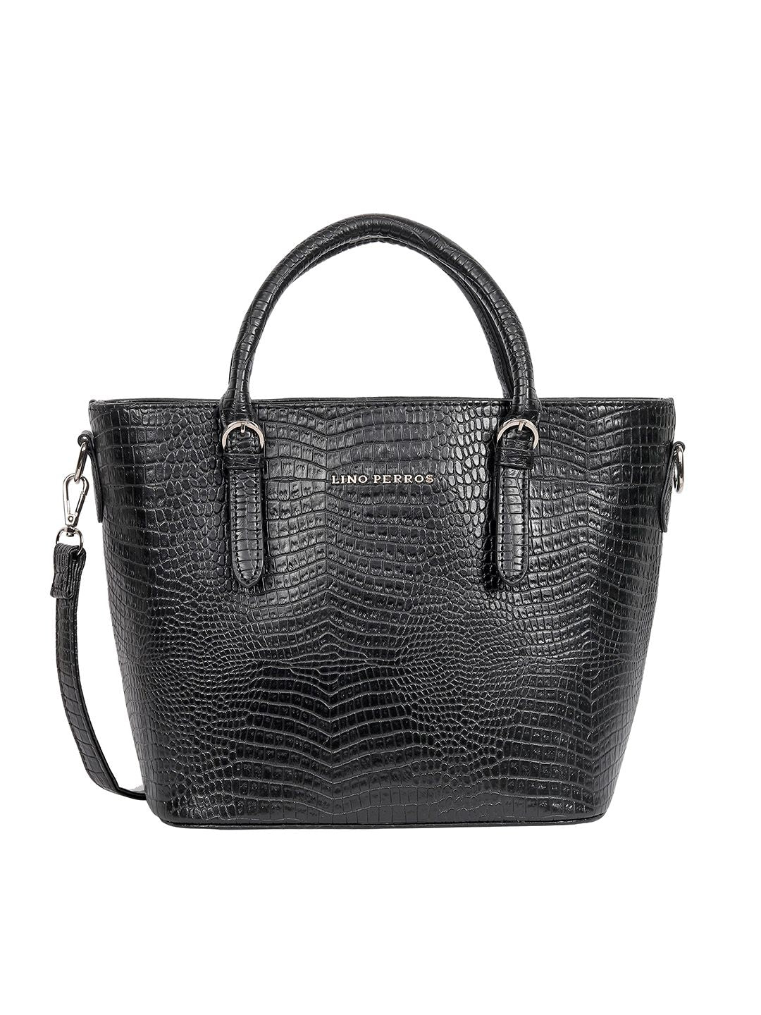 Lino Perros Black Croc-Textured Handheld Bag with Detachable Sling Strap