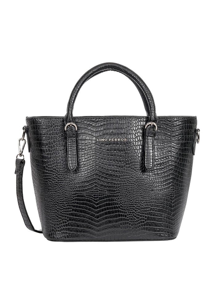 Lino Perros Black Croc-Textured Handheld Bag with Detachable Sling Strap