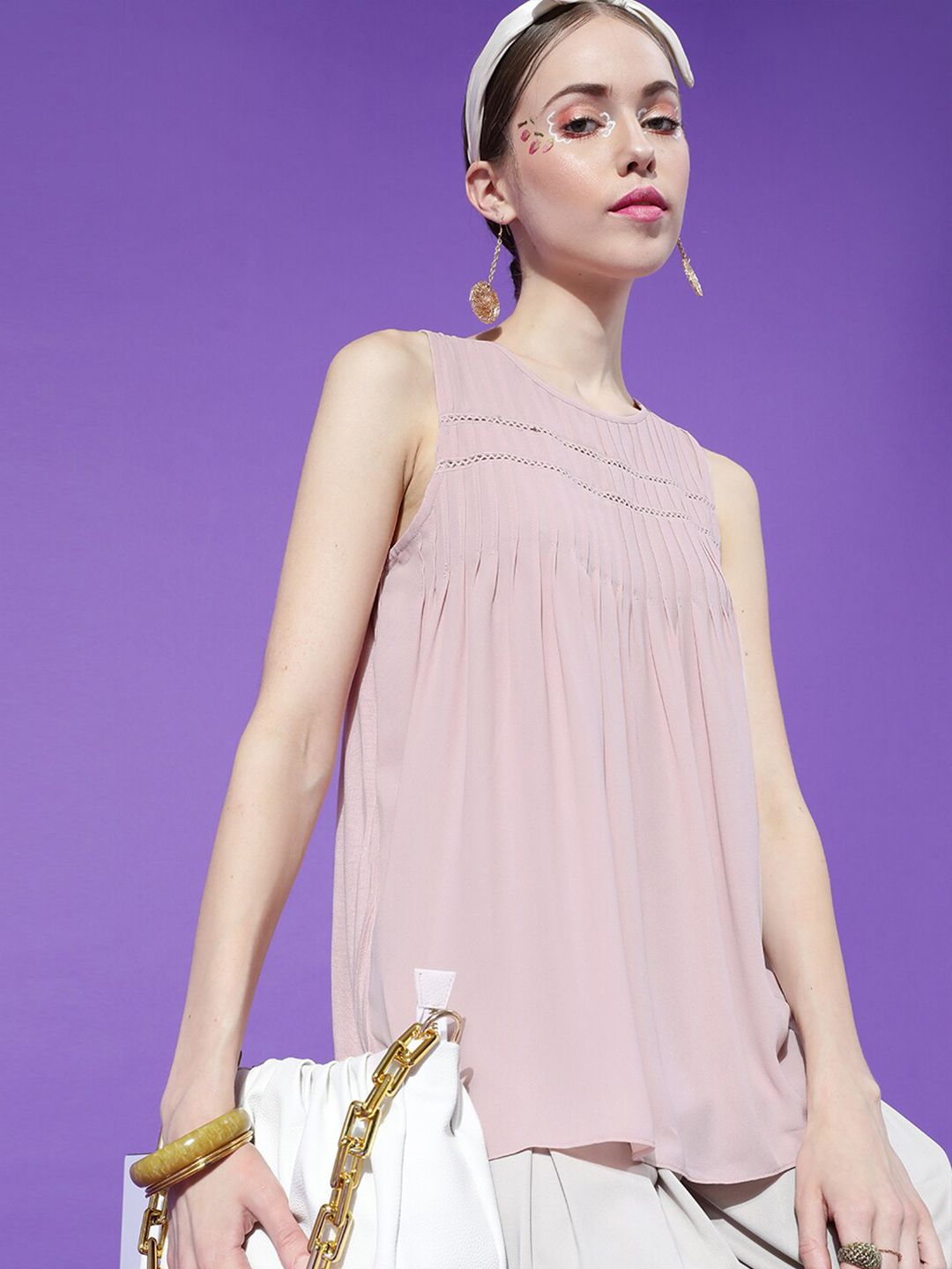 STREET 9 Pink Lace Inserts Gathered & Pleated Crepe Top