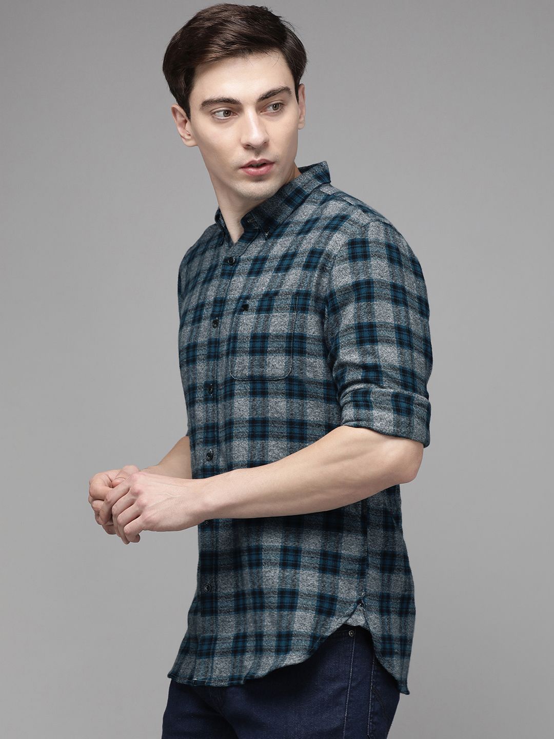 THE BEAR HOUSE Men Grey Slim Fit Pure Cotton Checked Casual Shirt