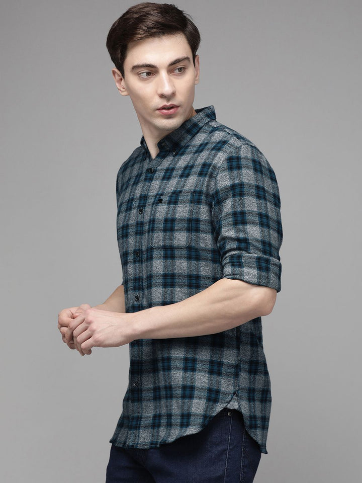 THE BEAR HOUSE Men Grey Slim Fit Pure Cotton Checked Casual Shirt