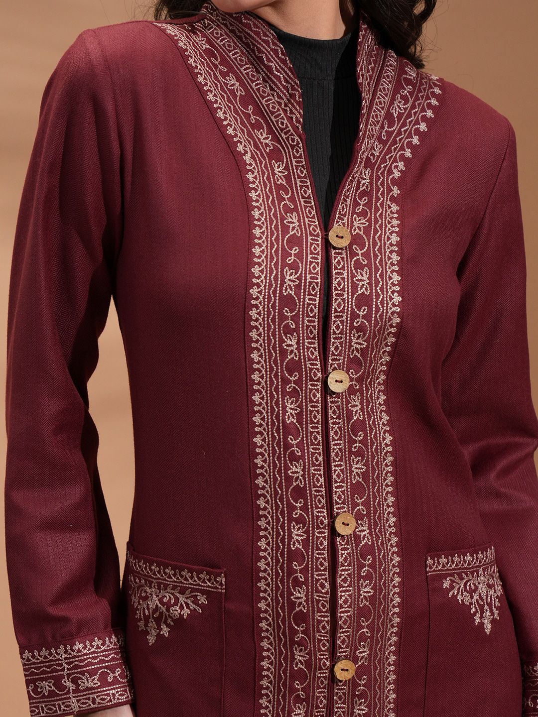 Vishudh Maroon Floral Embroidered Spread Collar Longline Tailored Jacket