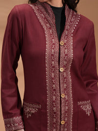 Vishudh Maroon Floral Embroidered Spread Collar Longline Tailored Jacket