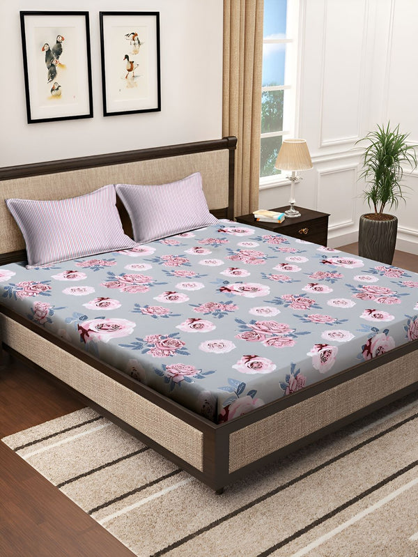 KLOTTHE Grey & Pink Floral Printed 300TC Super King Bedsheet With 2 Pillow Covers