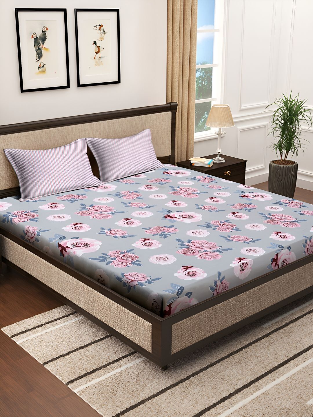 KLOTTHE Grey & Pink Floral Printed 300TC Super King Cadar Dengan 2 Sarung Bantal