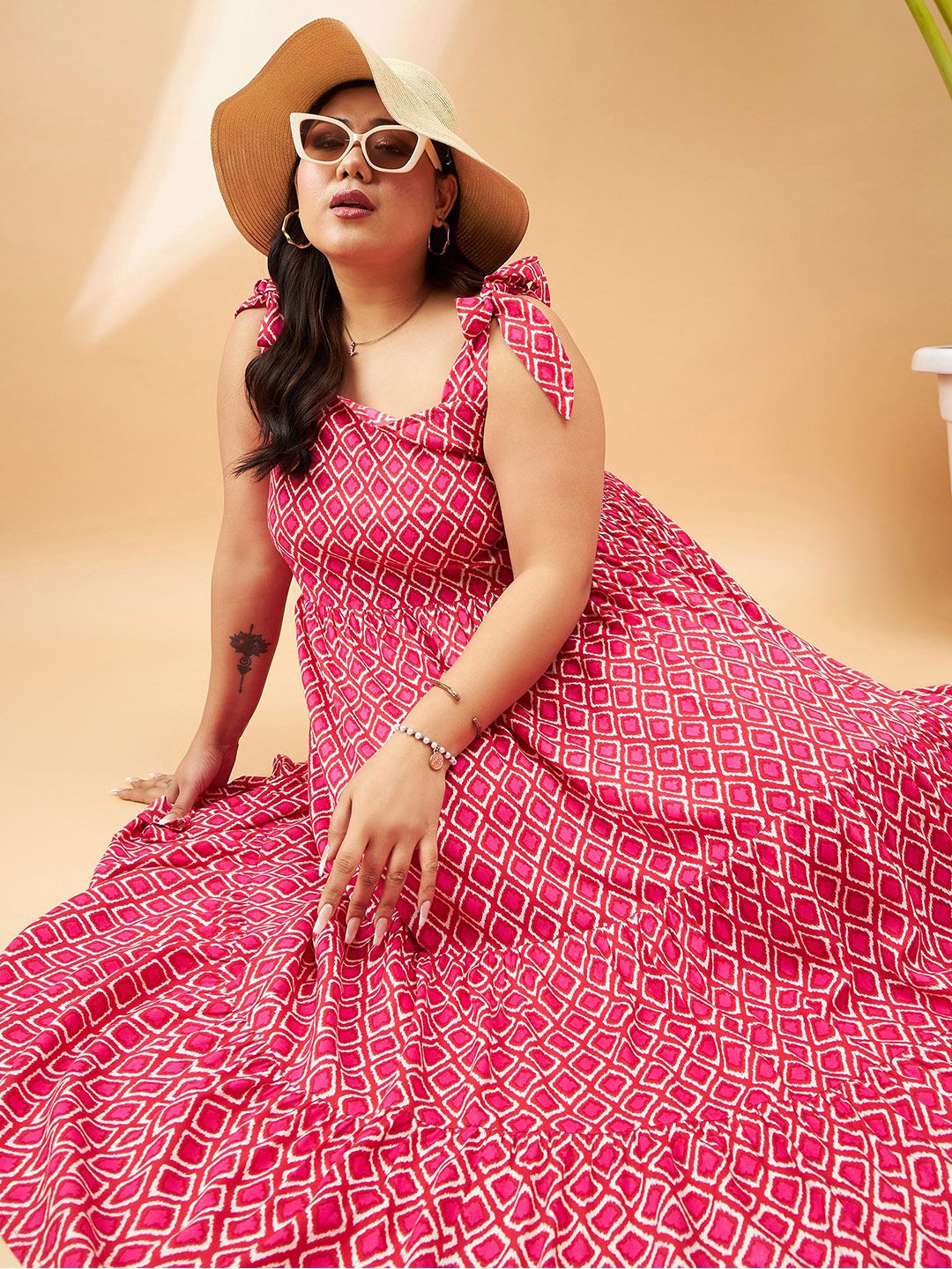 SASSAFRAS Curve Plus Size Pink Geometric Printed Gathered Tiered Fit & Flare Maxi Dress
