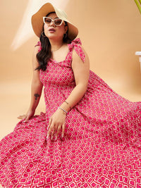 SASSAFRAS Curve Plus Size Pink Geometric Printed Gathered Tiered Fit & Flare Maxi Dress