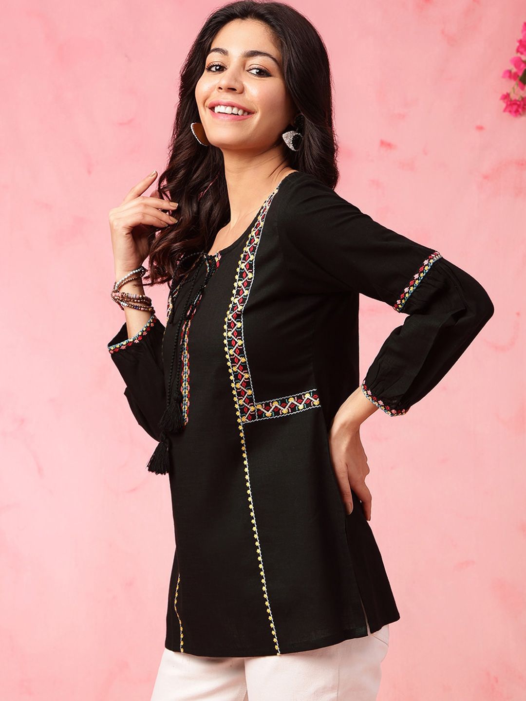 Anouk Black Geometric Embroidered Tie Up Neck Pure Cotton Short Kurti