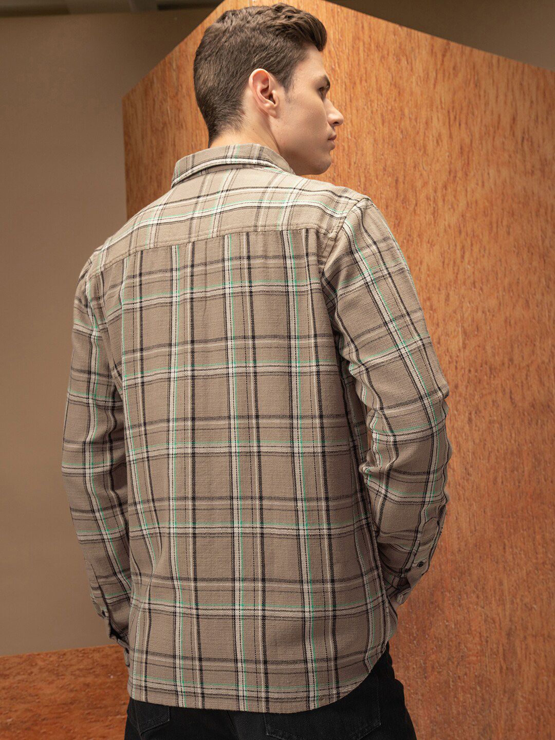 Locomotive Premium Men Khaki Relaxed Fit Dobby Textured Checked Shirt
