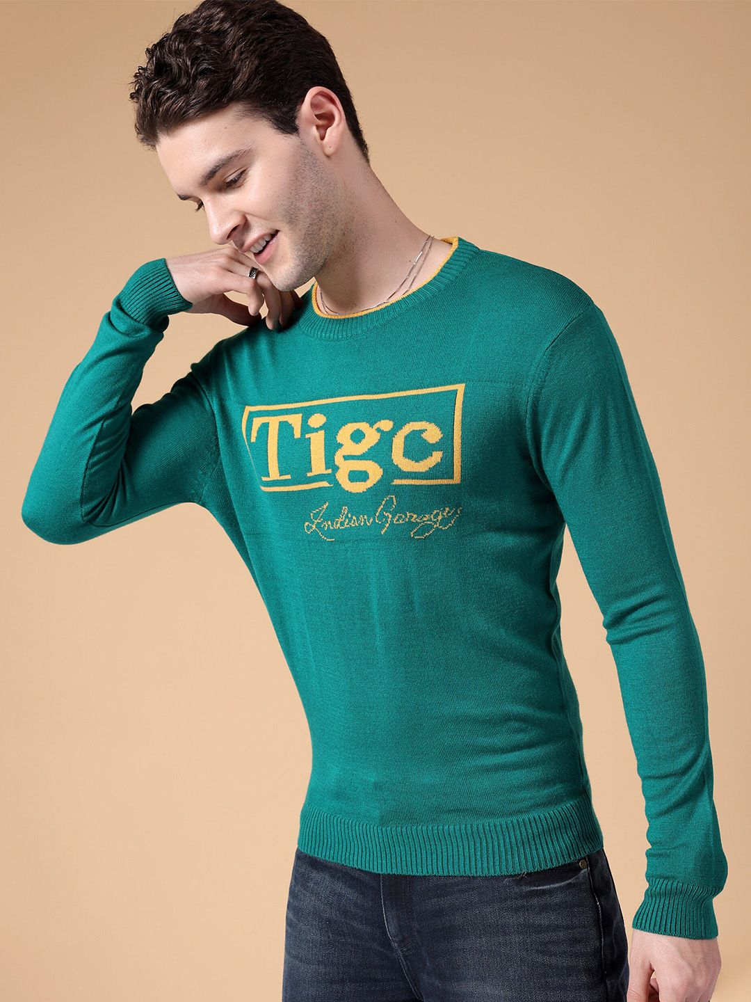 The Indian Garage Co Typography Printed Long Sleeves Acrylic Pullover Sweater