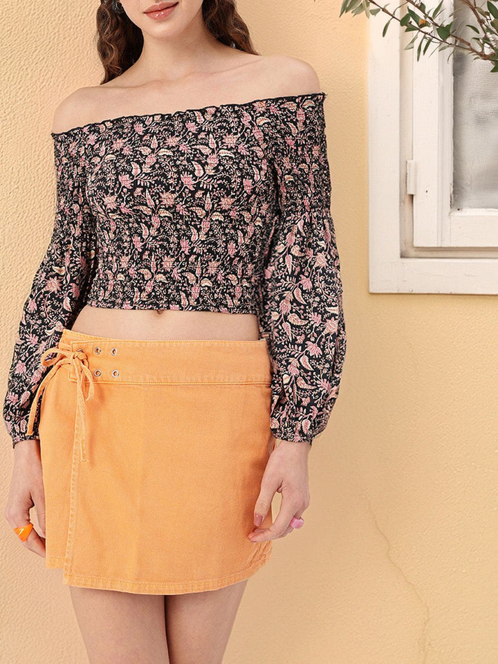 DressBerry Smocked Floral Printed Off-Shoulder Fitted Crop Top