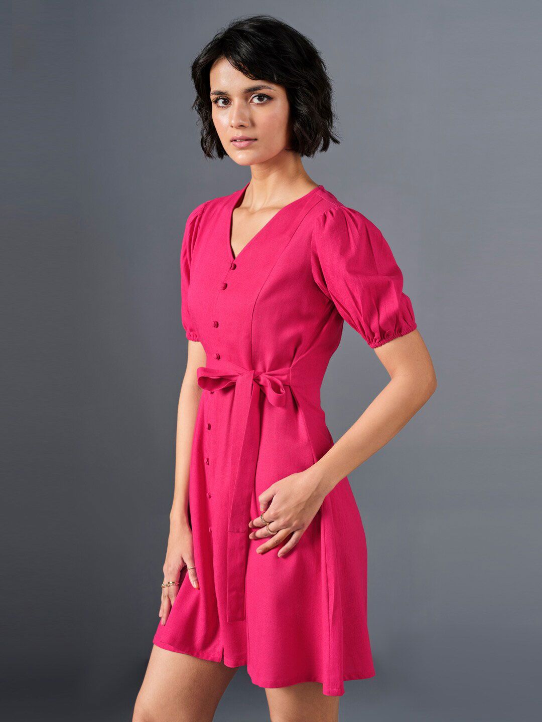 AND V-Neck Puff Sleeve A-Line Dress