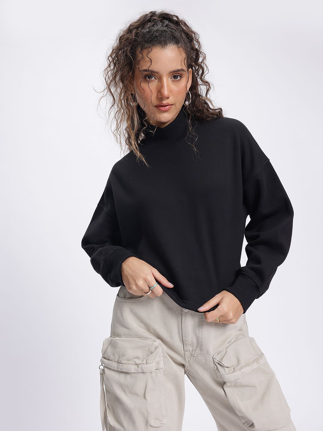 DressBerry Urban Edge High Neck Drop-Shoulder Crop Sweatshirt